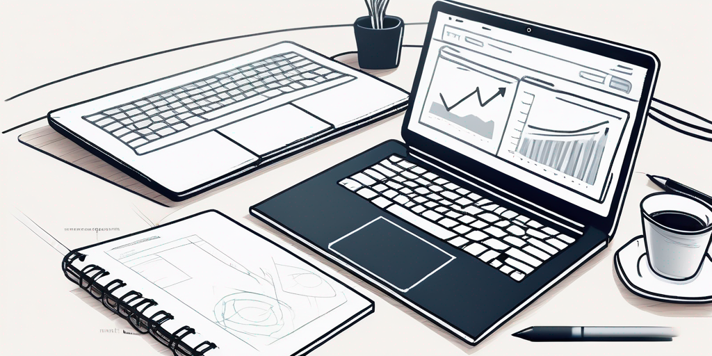 Organisierter Arbeitsplatz mit modernem Laptop, der eine Website-Design-Schnittstelle zeigt, Notizen und digitales Zeichentablet fuer professionelle Website-Erstellung.