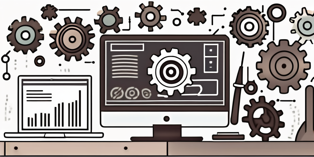 A computer with multiple gears and tools around it