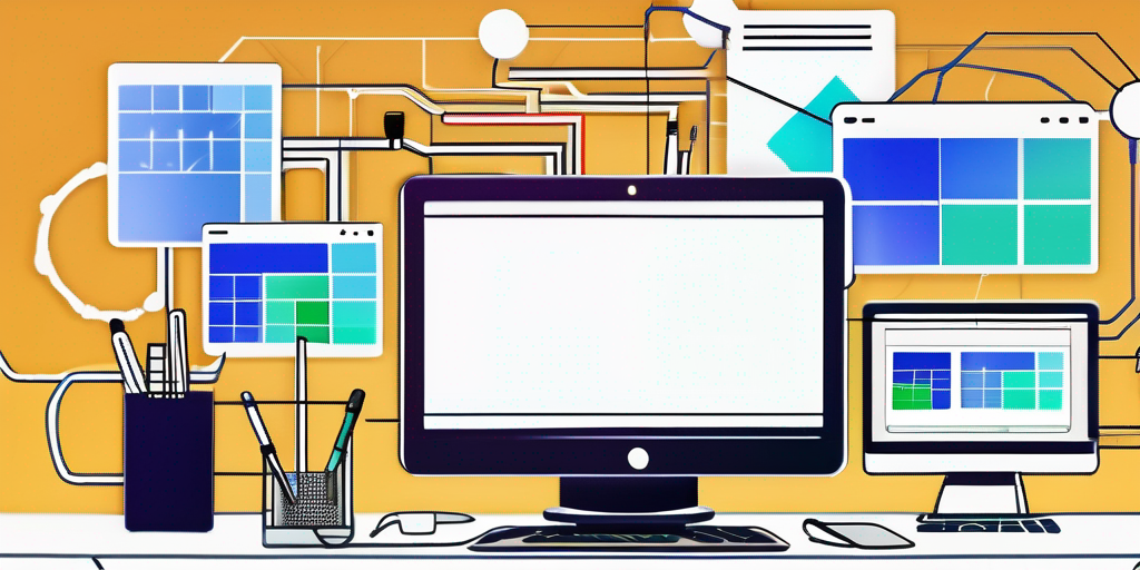 Vielfalt digitaler Geraete wie Laptops, Tablets und Smartphones auf einem Arbeitsplatz, die fuer Domainregistrierung und -verwaltung genutzt werden, mit Hintergrundgrafiken zu Internet- und Netzwerkverbindungen für globale Reichweite und Konnektivitaet.