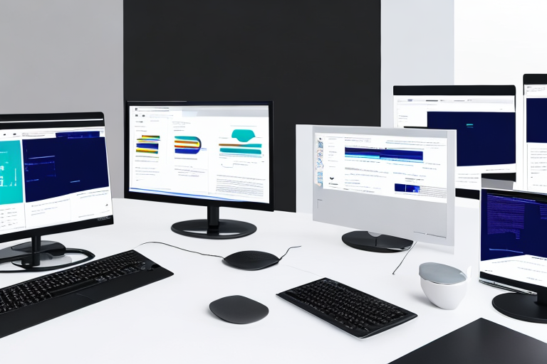 Modernes Buero mit Computern, die Website-Designs und Code anzeigen, Teamarbeit im Hintergrund.