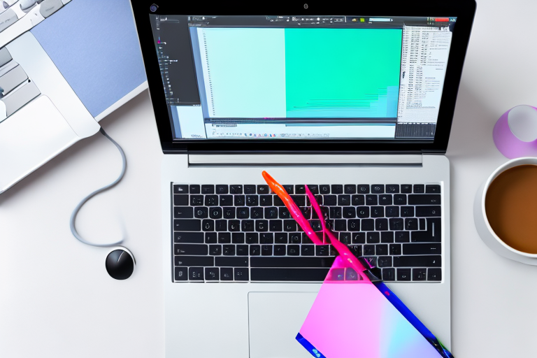 Schlanker Laptop zeigt Code-Editor mit buntem Code, umgeben von Maus, Notizblock und Kaffeetasse.