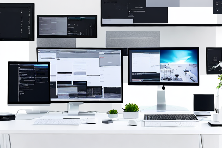 Modernes Buero mit mehreren Bildschirmen, Technik-Gadgets und inspirierendem Design zur Foerderung von Kreativitaet und Innovation in Webentwicklung.