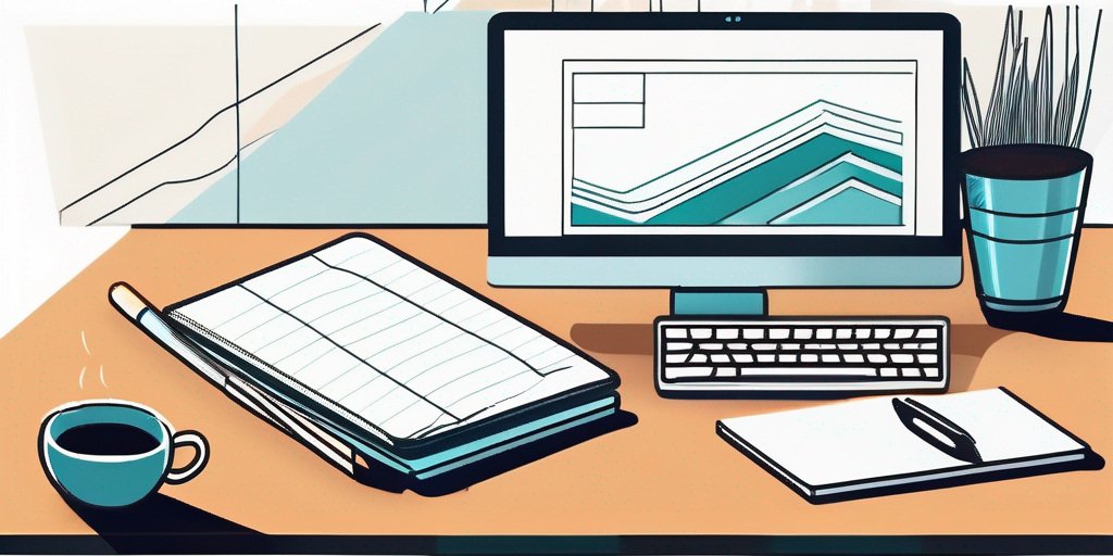 Moderner Arbeitsplatz mit Computer, der ein Webseiten-Layout zeigt, Notizblöcke, digitales Tablet und Kaffeetasse, ideal für kreatives und produktives Webdesign.