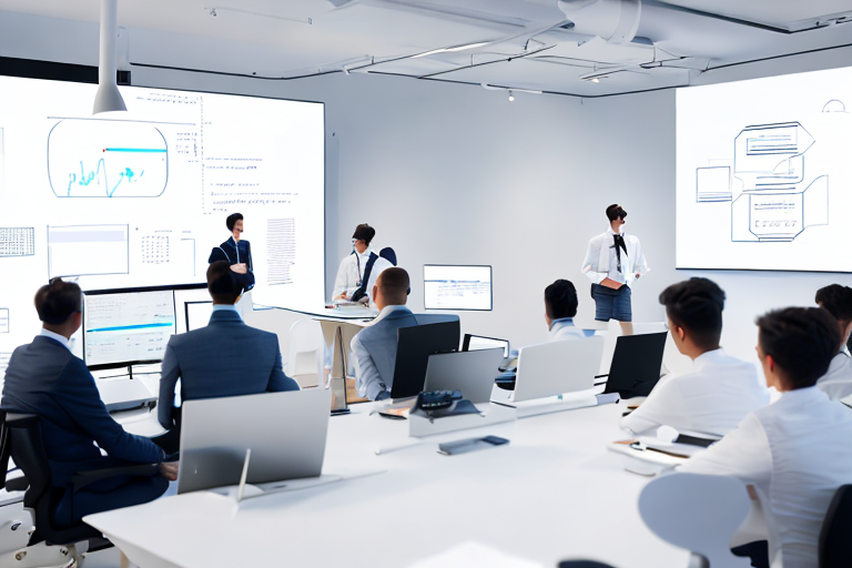 Entwicklerteam bei Brainstorming mit Code und Flowcharts im modernen Buero.