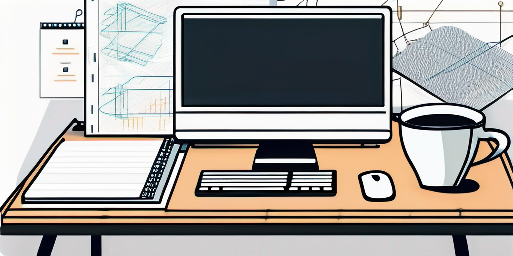 Sauberer, organisierter Arbeitsplatz mit Computer, Code auf dem Bildschirm, Notizblock mit Notizen und Skizzen zur App-Entwicklung und einer Kaffeetasse.