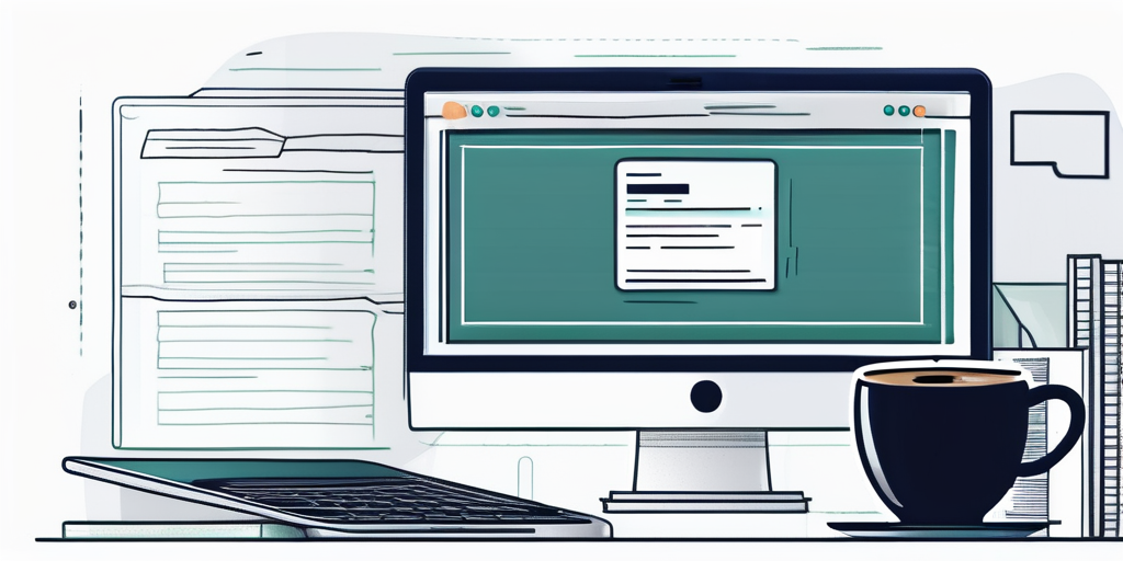Laptop auf Schreibtisch zeigt Domain-Registrierungsseite, umgeben von Dokumenten und einer Kaffeetasse, symbolisiert die ersten Schritte zur Sicherung eines Domainnamens.