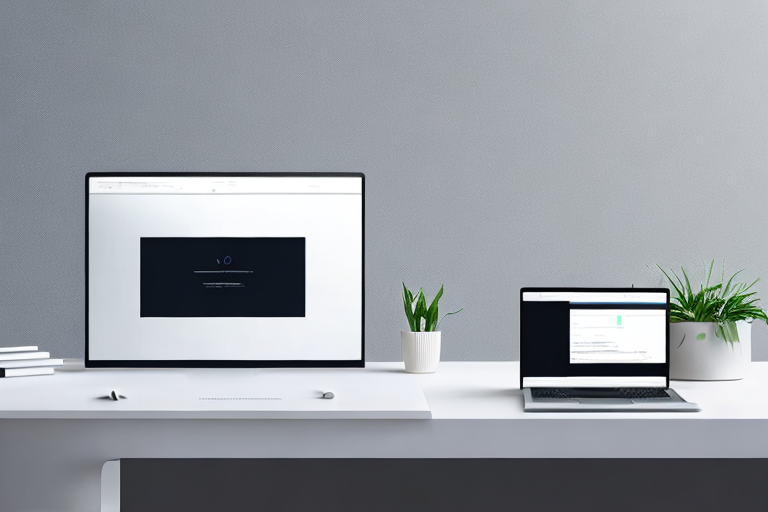 Moderner Laptop mit lebhafter Website-Oberflaeche und Codierungselementen im Hintergrund auf minimalistischem Schreibtisch.