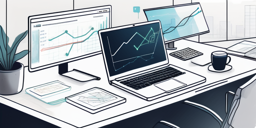 Moderne Arbeitsplatzgestaltung mit offenem Laptop im Entwicklungsumfeld, Notizen und Flussdiagrammen fuer App-Entwicklung und Markteinfuehrungsstrategien.