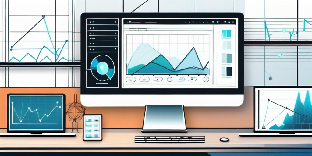 Moderner Arbeitsplatz mit digitalen Geraeten, die Diagramme und Wireframes fuer die Entwicklung mobiler Apps darstellen, technologisch innovatives Ambiente.