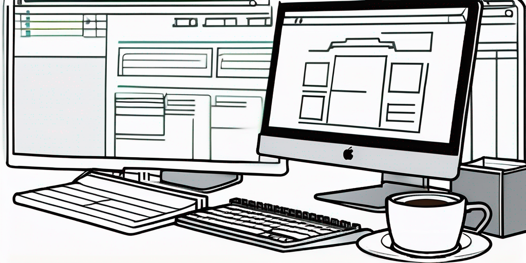 Computerbildschirm mit vereinfachtem Website-Drahtmodell, Notizblock und Kaffeetasse, professionelle Webdesign-Arbeitsumgebung