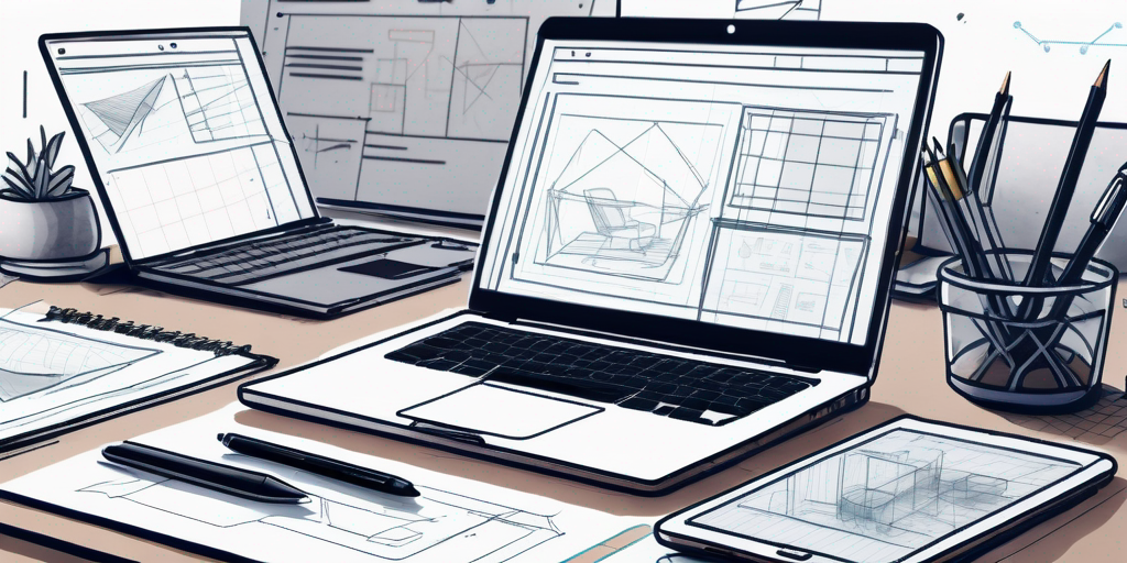 Organisierter Schreibtisch mit Laptop, Tablet und Smartphone, die Drahtmodell-Skizzen anzeigen, umgeben von Notizen und Designwerkzeugen, betont durch gedimmtes Licht für Strategie und Planung.