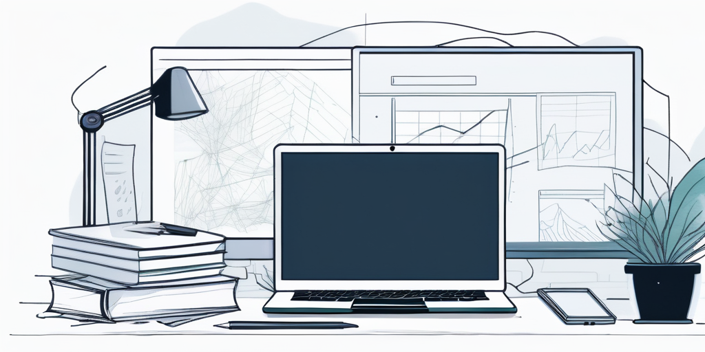 Sauberer, organisierter Arbeitsplatz mit Laptop, der kreatives Webdesign zeigt, umgeben von Notizen und Skizzen fuer Branding-Ideen, betont das Thema eines einzigartigen Domain-Konzepts.