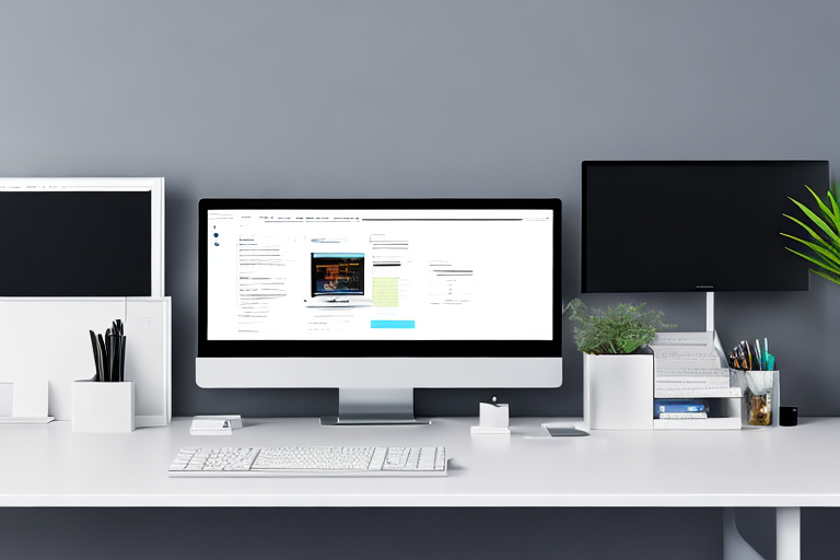 Moderner Schreibtisch mit hochaufloesendem Monitor, webinterface, coding Buechern und Gadgets, Trends in Webentwicklung.