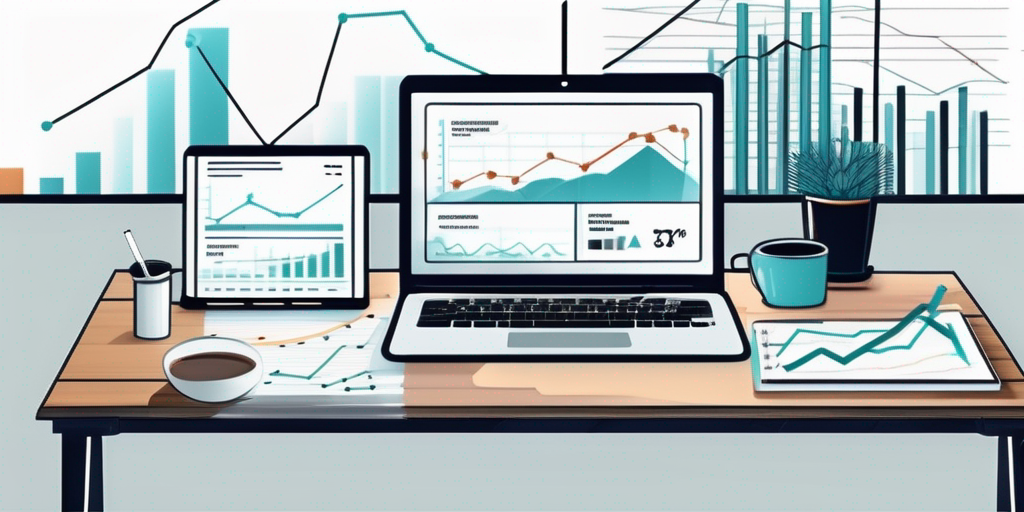 Moderne Arbeitsplatzgestaltung mit mobilen Geraeten, die Graphen und Analysen anzeigen, Notizen und einer Kaffeetasse, Schwerpunkt auf App-Entwicklung und Strategien zur Nutzerbindung.