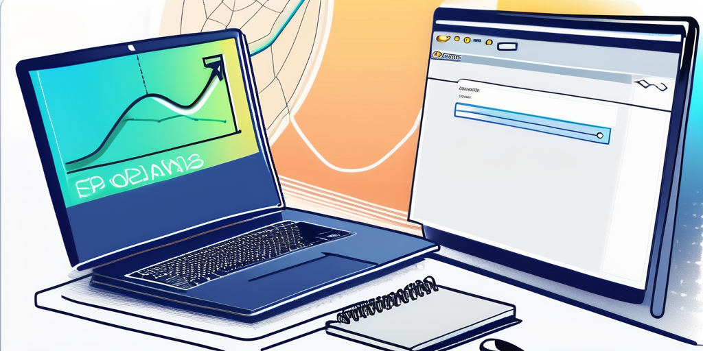 Computerbildschirm zeigt Web-Browser auf Domain-Registrierungsseite, Leuchtcursor bereit zur Domainauswahl, Notizblock und Stift daneben.