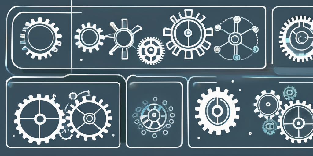 A set of gears interlocking efficiently with various software development icons like coding brackets