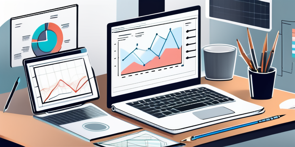 Moderner Arbeitsplatz mit digitalen Geraeten, die Grafiken und Code fuer App-Entwicklung anzeigen, Notizbloecke mit Skizzen und Flussdiagrammen auf dem Schreibtisch.