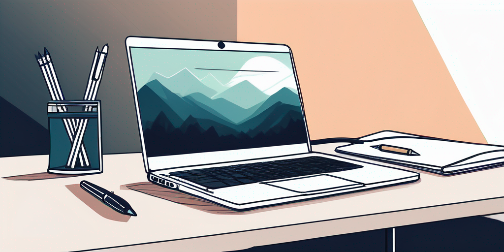 Modernes Laptop zeigt ansprechendes Webdesign, neben Notizbuch und Stift auf minimalistischem Schreibtisch fuer kreativen Webentwicklungsbereich.