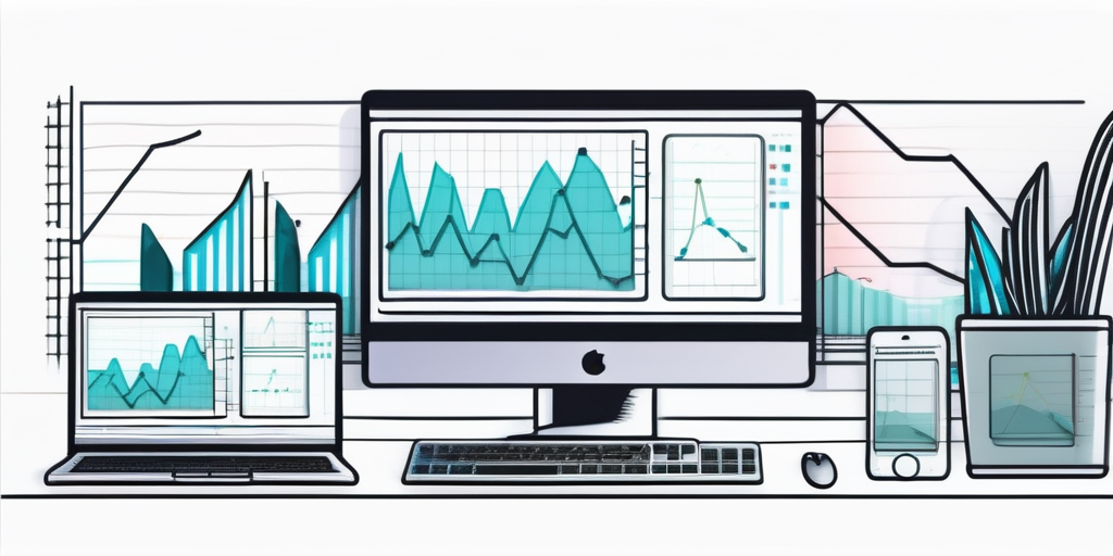 Moderner Arbeitsplatz fuer App-Entwicklung mit digitalen Geraeten, Grafiken, Code und Zeichenwerkzeugen.