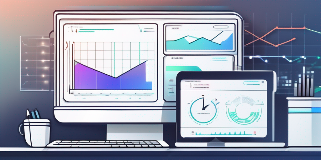Moderner Arbeitsplatz mit digitalen Geraeten, Graphen und Code fuer App-Entwicklung, Whiteboard mit Flussdiagrammen und Zeitachsen.