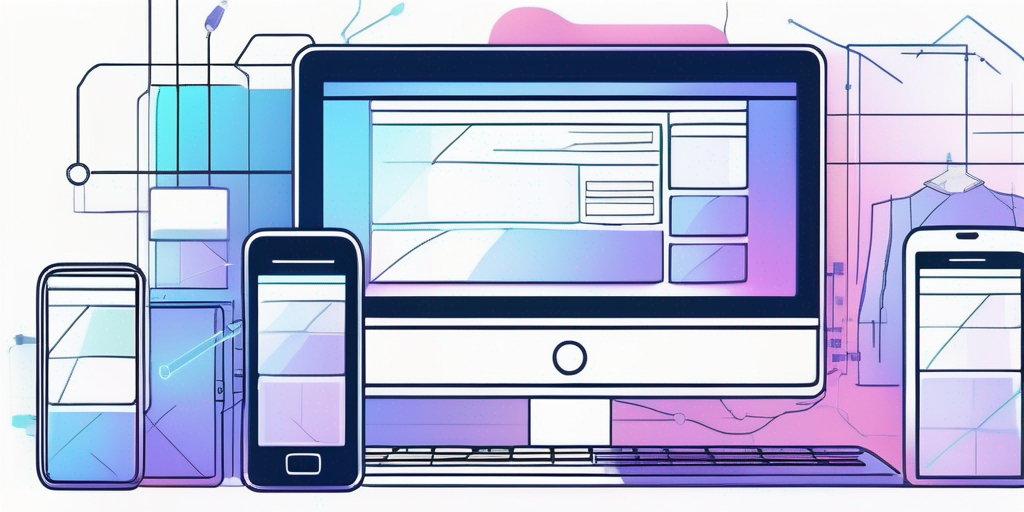 Digitale Geraete wie Smartphones und Tablets zeigen verschiedene Stufen der App-Entwicklung mit wichtigen Software-Tools fuer die App-Erstellung.