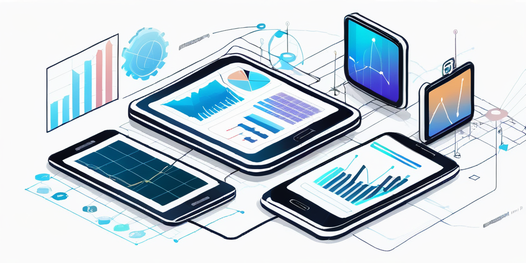 Smartphones und Tablets mit Diagrammen und Flussdiagrammen zu Herausforderungen und Loesungen in der App-Entwicklung