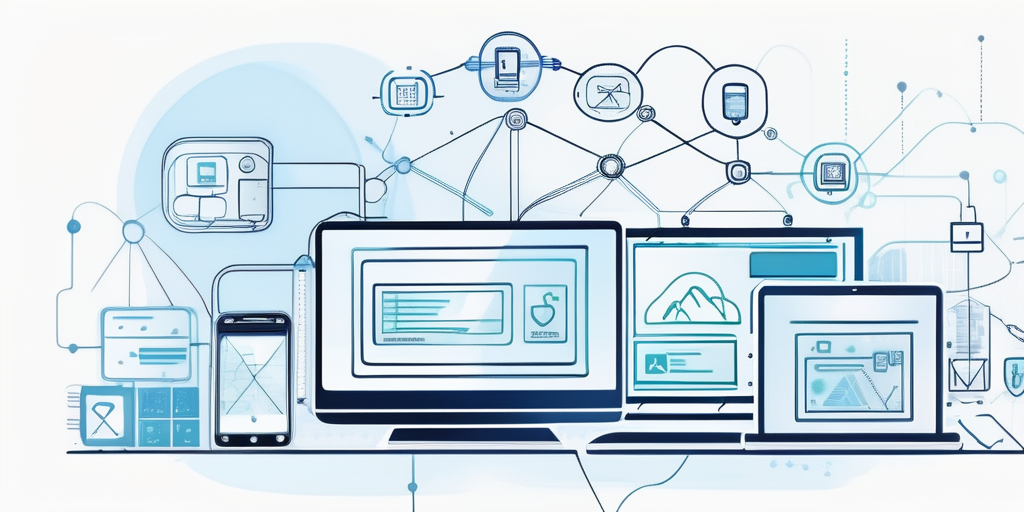 Verbundene mobile Geraete zeigen verschiedene Stadien der App-Entwicklung, umgeben von Symbolen fuer Innovation, Benutzerfreundlichkeit, Analytik, Zusammenarbeit und Sicherheit.