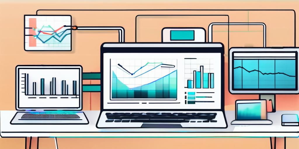 Optimierter Arbeitsplatz mit digitalen Geraeten, Grafiken und Code fuer App-Entwicklung, inklusive Notizbuecher und Diagramme zur Planung und Strategie.