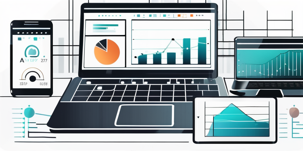 Moderner Arbeitsplatz mit digitalen Geraeten, die Diagramme und Codes fuer App-Entwicklungsstrategien zeigen, einschliesslich Smartphone, Tablet und Laptop mit verschiedenen Planungsphasen und Analysen.