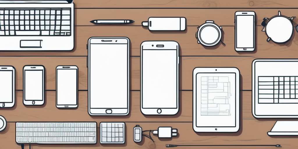 Verschiedene Mobilgeraete ordentlich auf einem Holztisch angeordnet, Symbol fuer vielfaeltige Plattformen der App-Entwicklung, mit Werkzeugen und Notizen, die Planung und Kreativitaet zeigen.