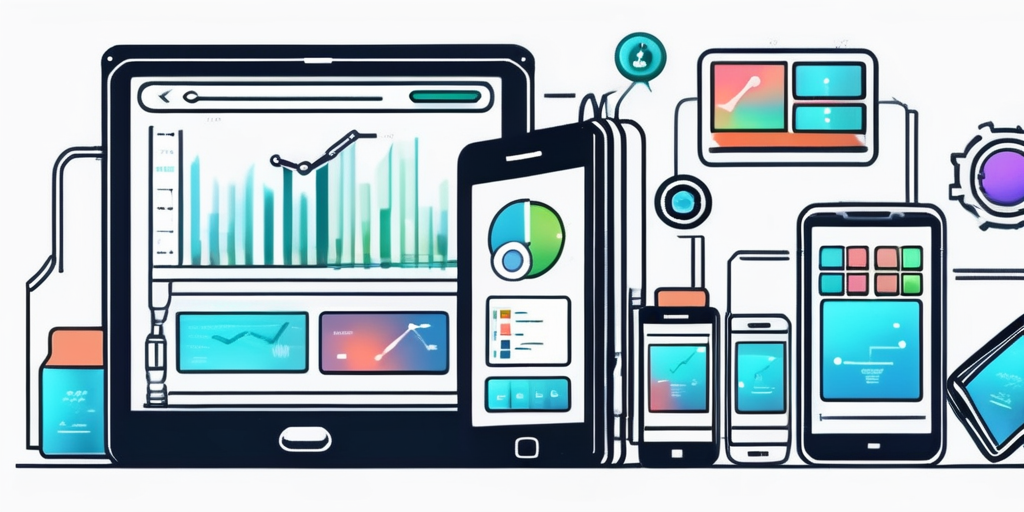 Smartphones und Tablets zeigen verschiedene Stadien der App-Entwicklung, umgeben von digitalen Symbolen fuer Sicherheit, Benutzeroberflaeche und Analysetools.