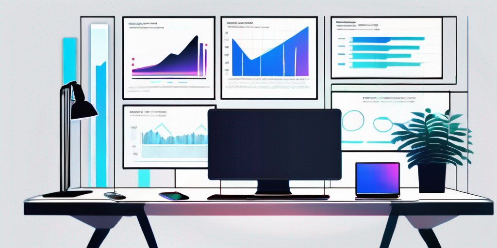 Moderner Arbeitsplatz 2024 fuer App-Entwicklung mit digitalen Geraeten, Graphen und Code, produktive und innovative Atmosphaere.