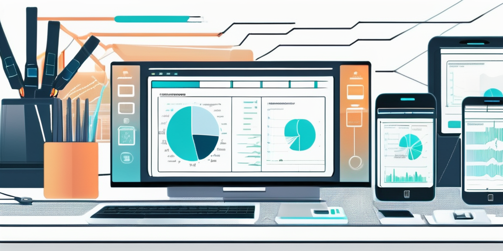 Moderne Geraete wie Smartphones und Tablets auf einem Arbeitstisch, symbolisieren eine professionelle Umgebung fuer App-Entwicklungsoptimierung, mit sichtbaren Programmierschnittstellen und Code-Snippets auf den Bildschirmen.