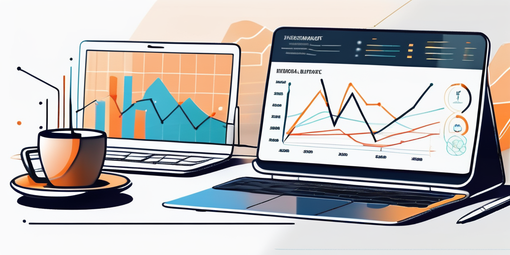 Modernes Arbeitsplatz-Setup mit digitalem Tablet, das Diagramme zeigt, Tastatur und Kaffeetasse, steht fuer Produktivitaet in der App-Entwicklung.