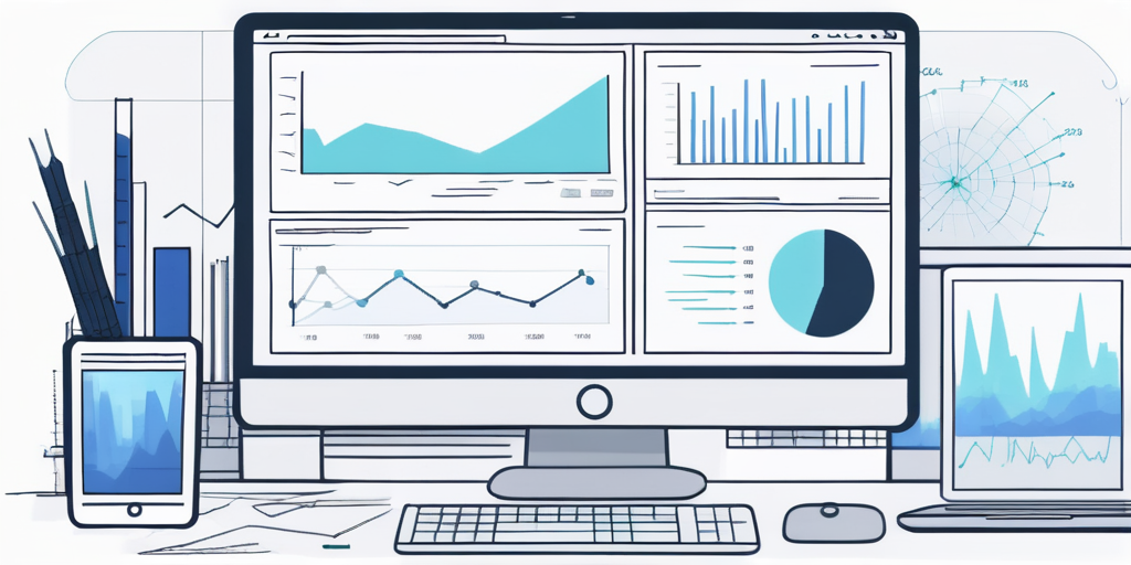 Saubere, organisierte Arbeitsumgebung mit mehreren digitalen Geraeten, die Diagramme und Code anzeigen, ergaenzt durch Notizen und Skizzen zur mobilen App-Entwicklung.