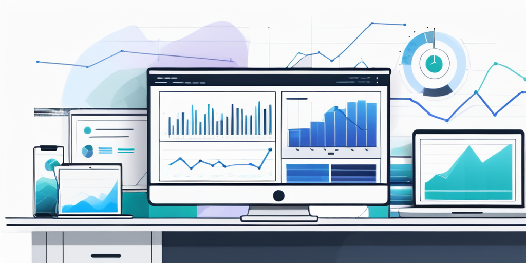 Modernes Arbeitsplatz-Setup mit digitalen Geraeten, die Grafiken und Analysen zu Website-Leistung und Verkaufstrends anzeigen, betont professionelle Strategien fuer effektiven Domainverkauf.