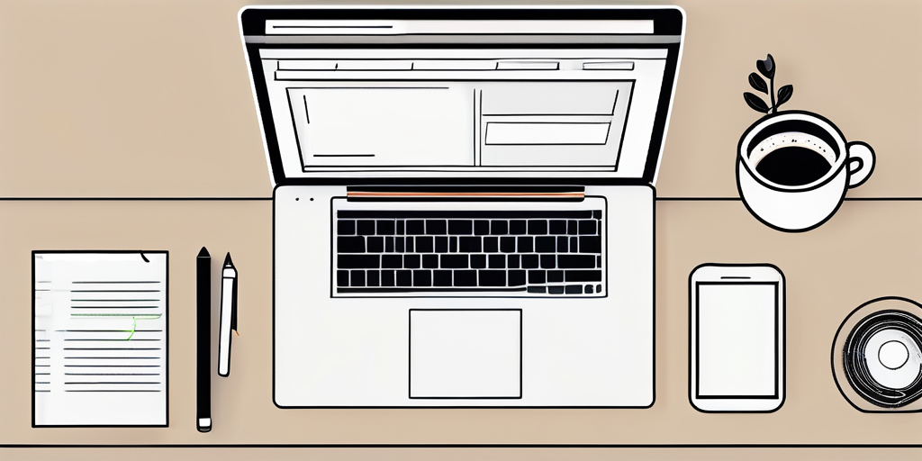 Moderner Arbeitsplatz mit offenem Laptop auf einer Domain-Registrierungsseite, Notizblock, Stift und Kaffeetasse professionell angeordnet.