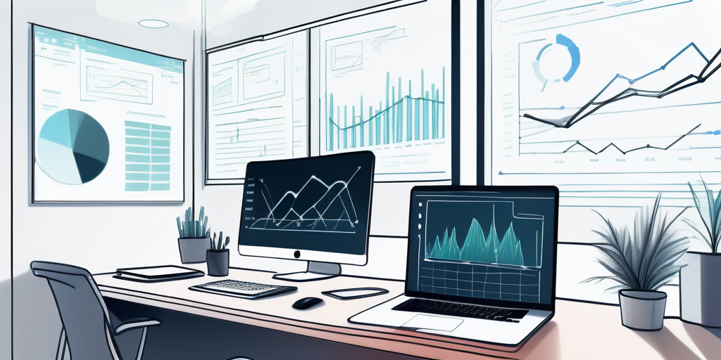 Sauberer Arbeitsplatz mit digitalen Geraeten, die Grafiken und Code anzeigen, umgeben von Notizen und Skizzen zu App-Schnittstellen, in hellem, modernem Dekor.