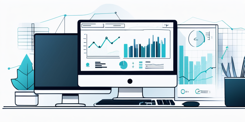 Moderner Arbeitsplatz mit Computer, der Grafiken und Analysen anzeigt, digitalen Geraeten und Notizen fuer strategische Planung im Domain-Einsatz.