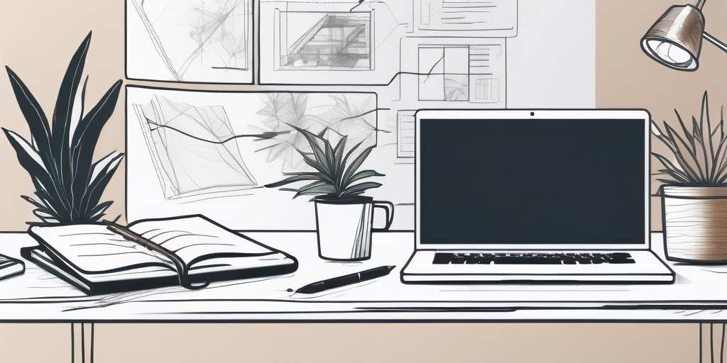 Moderne Arbeitsplatzgestaltung mit Laptop offen auf Webdesign-Software, umgeben von Notizen und Skizzen zur nutzerfreundlichen Webentwicklung, Kaffeetasse und Pflanze fuer gemuetliche Atmosphaere.