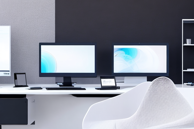 Moderner Arbeitsplatz mit mehreren Monitoren, die Code anzeigen, zeitgenoessische Bueromoebel und sanfte Beleuchtung, betonen Innovation und Webentwicklung.