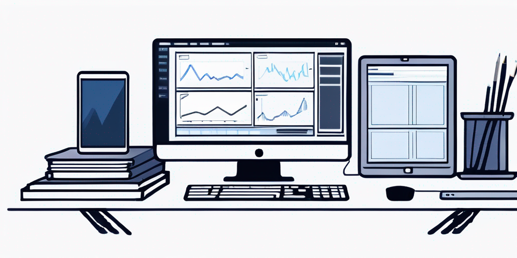 Saubere und organisierte moderne Arbeitsplatz mit Laptop, Tablet und Smartphone, die Webentwicklungswerkzeuge zeigen, ideal fuer digitale Designer.