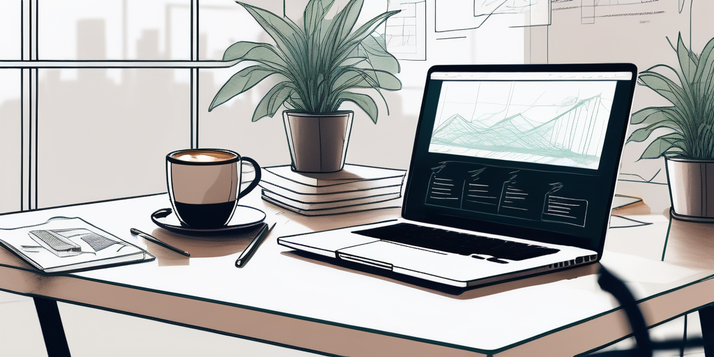 Moderner Arbeitsplatz mit offenem Laptop auf Programmieroberflaeche, Notizen und Skizzen zu Webdesign, Kaffeetasse und dekorative Pflanzen.