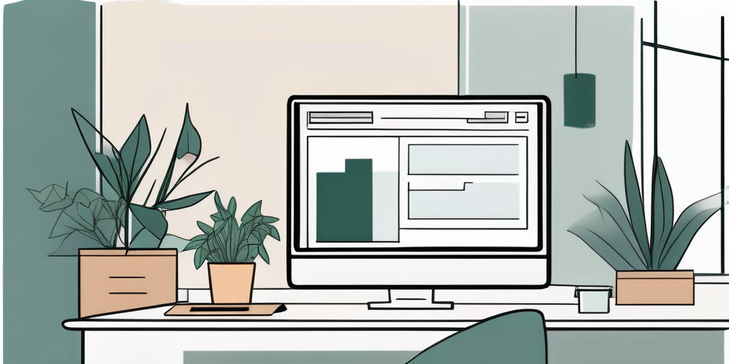 Bueroraum mit Computer, der eine Webseite anzeigt, umgeben von einer Pflanze in einer entspannten, aufgeraeumten Atmosphaere, die einen stressfreien Prozess suggeriert.