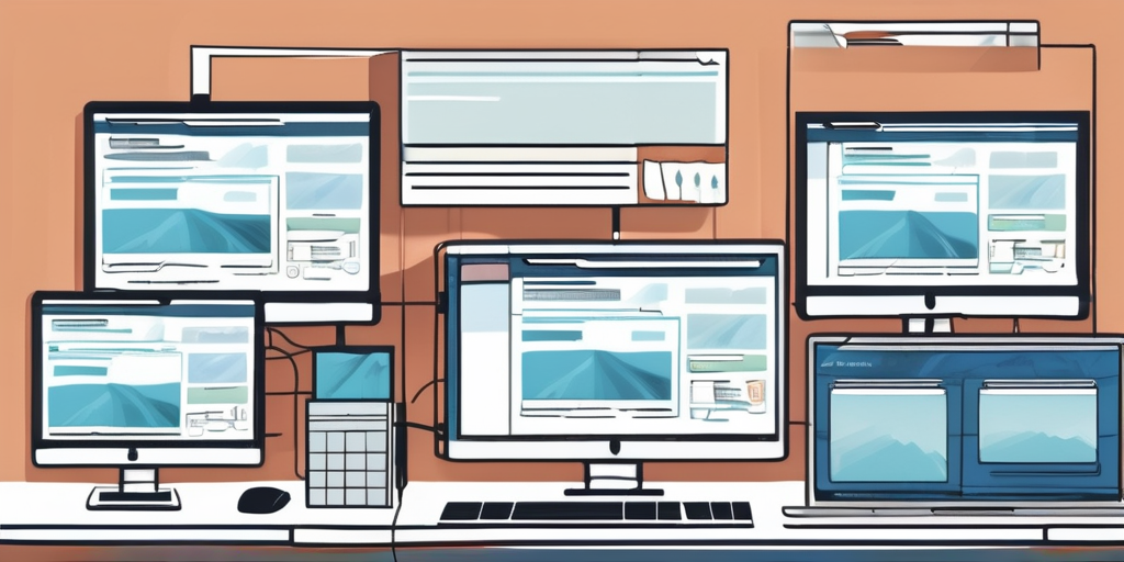 Bild eines belebten Bueros mit mehreren Computerbildschirmen, die verschiedene Websites zur Domainregistrierung anzeigen, und einem Notizblock mit einer Liste potenzieller Domainnamen.