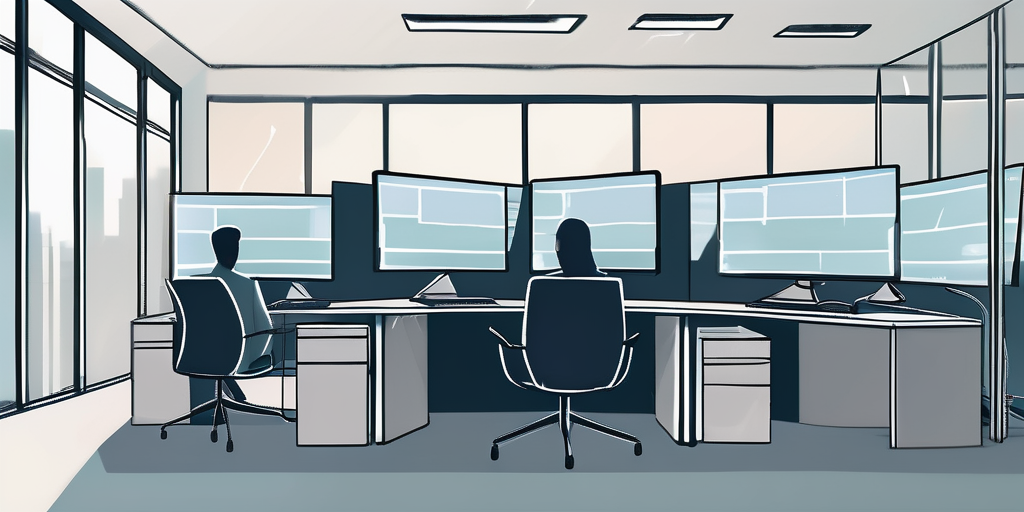 Ruhiges Buero mit Computerbildschirmen, die verfuegbare Webdomains zur Registrierung anzeigen, Konzept der schnellen Online-Präsenzsicherung.