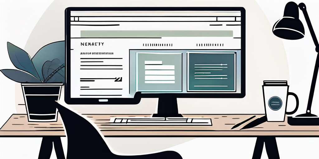 Ordentlich angeordneter Bueroarbeitsplatz mit Computerbildschirm, der eine Website-Registrierungsseite zeigt, umgeben von Notizblöcken, Stiften und einer Kaffeetasse, symbolisiert sorgfaeltige Domainreservierung.