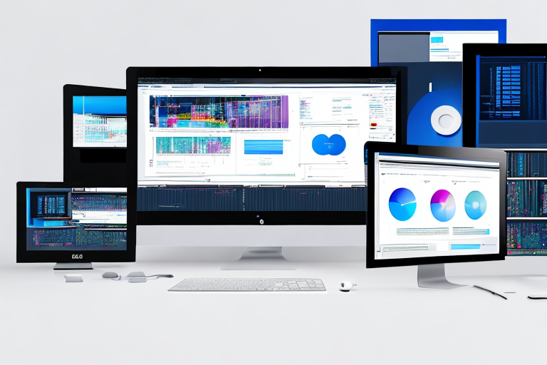digitaler arbeitsplatz mit mehreren bildschirmen die code design und analysewerkzeuge zeigen in modernem buero ambiente