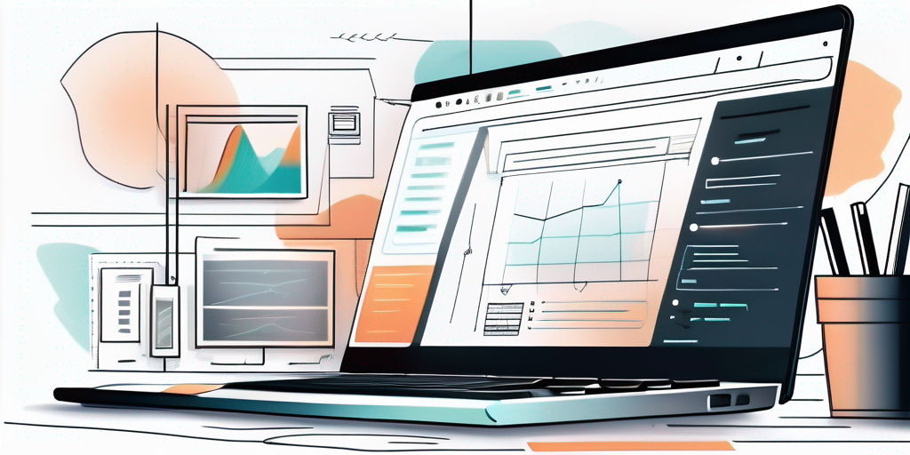 Modernes Computerarbeitsplatz-Bild mit offenem Laptop, der ein gut organisiertes Webseitendesign zeigt, umgeben von Designwerkzeugen und Notizen fuer eine kreative und effiziente Arbeitsumgebung.