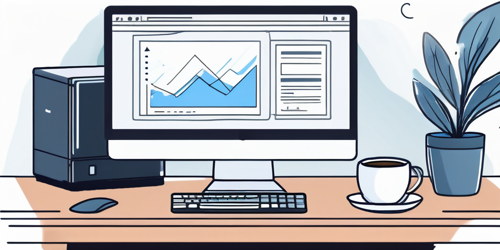 Moderner Computer-Arbeitsplatz mit geoeffnetem Laptop, der Software fuer Webdesign zeigt, Notizbuch und Kaffeetasse auf dem Schreibtisch.
